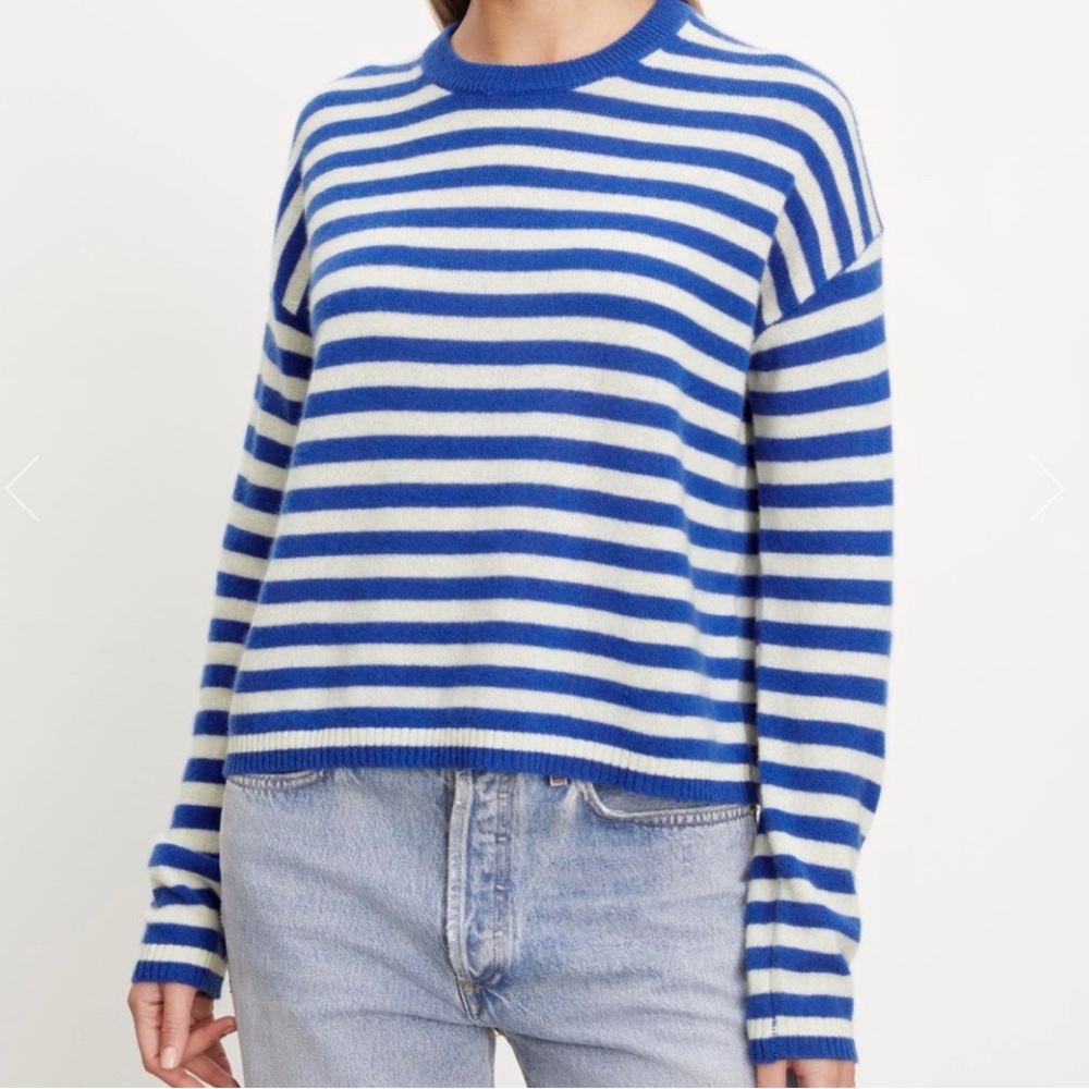 Velvet by Graham and Spencer Blue and White Striped Cashmere Sweater